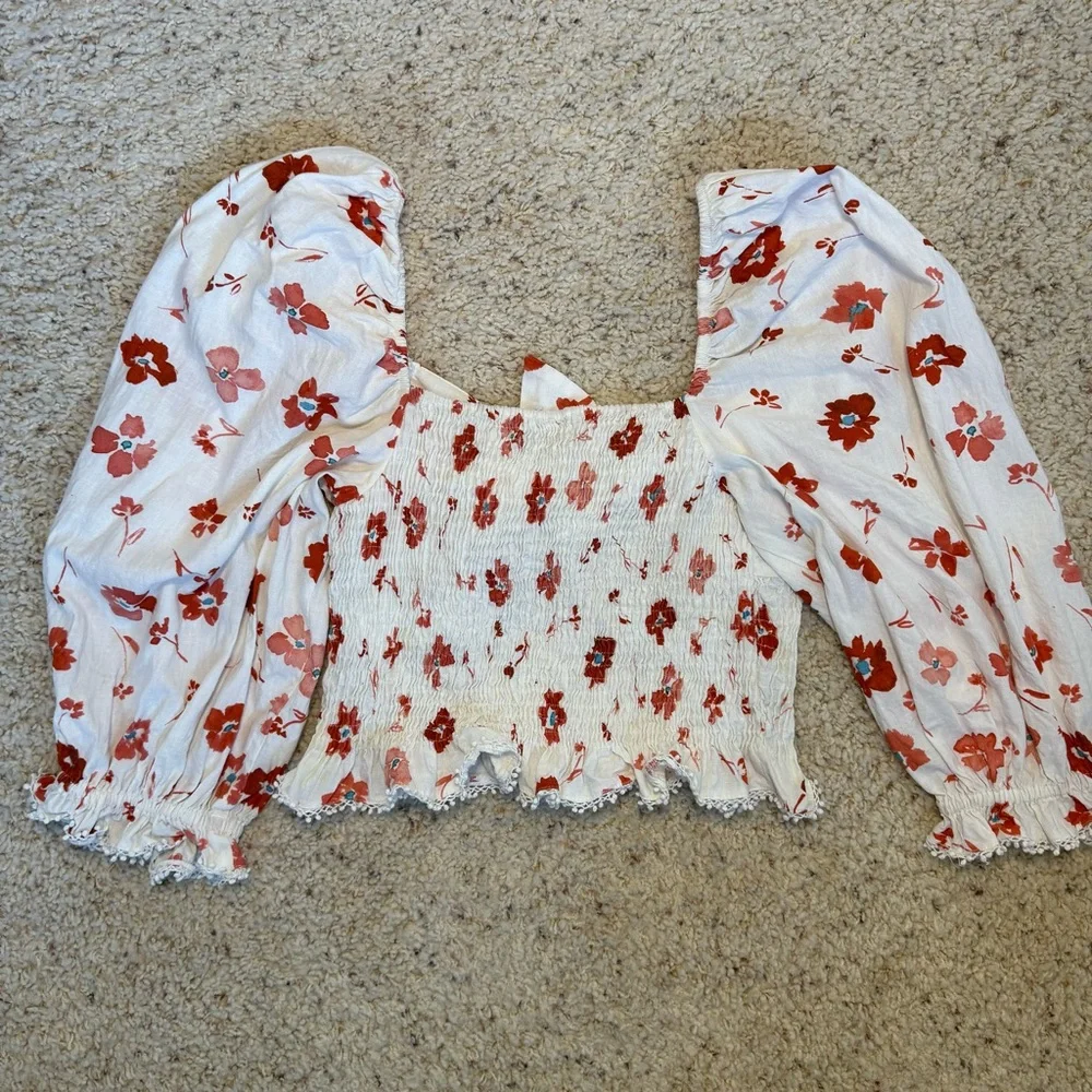 Floral Puff Sleeve Blouse Top Smocked Waist Front Tie Large Boho peasant